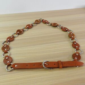 Bohemian Leather Disc Ring Belt Women 36 Medium Brown Studded Calf Hair Fur Boho